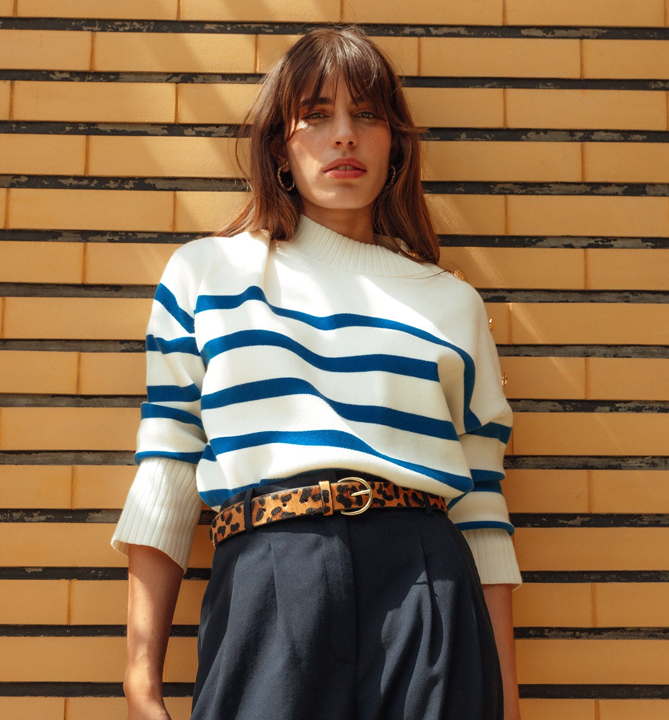 Pull marin col cheminée Femme - Rayé bleu