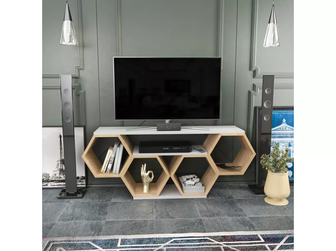 Meuble TV Bal compliments en forme de nid d'abeille, reversible (Chêne et Blanc)