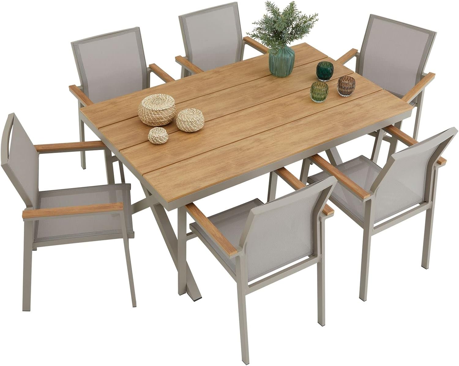 CARO-Möbel Gartenmöbelset Windy mit 1 Tisch und 6 Stühlen aus Alu und Non-Wood in Champagner, Esstisch Set in Holzoptik, Stühle mit Netz witterungsbeständig bespannt