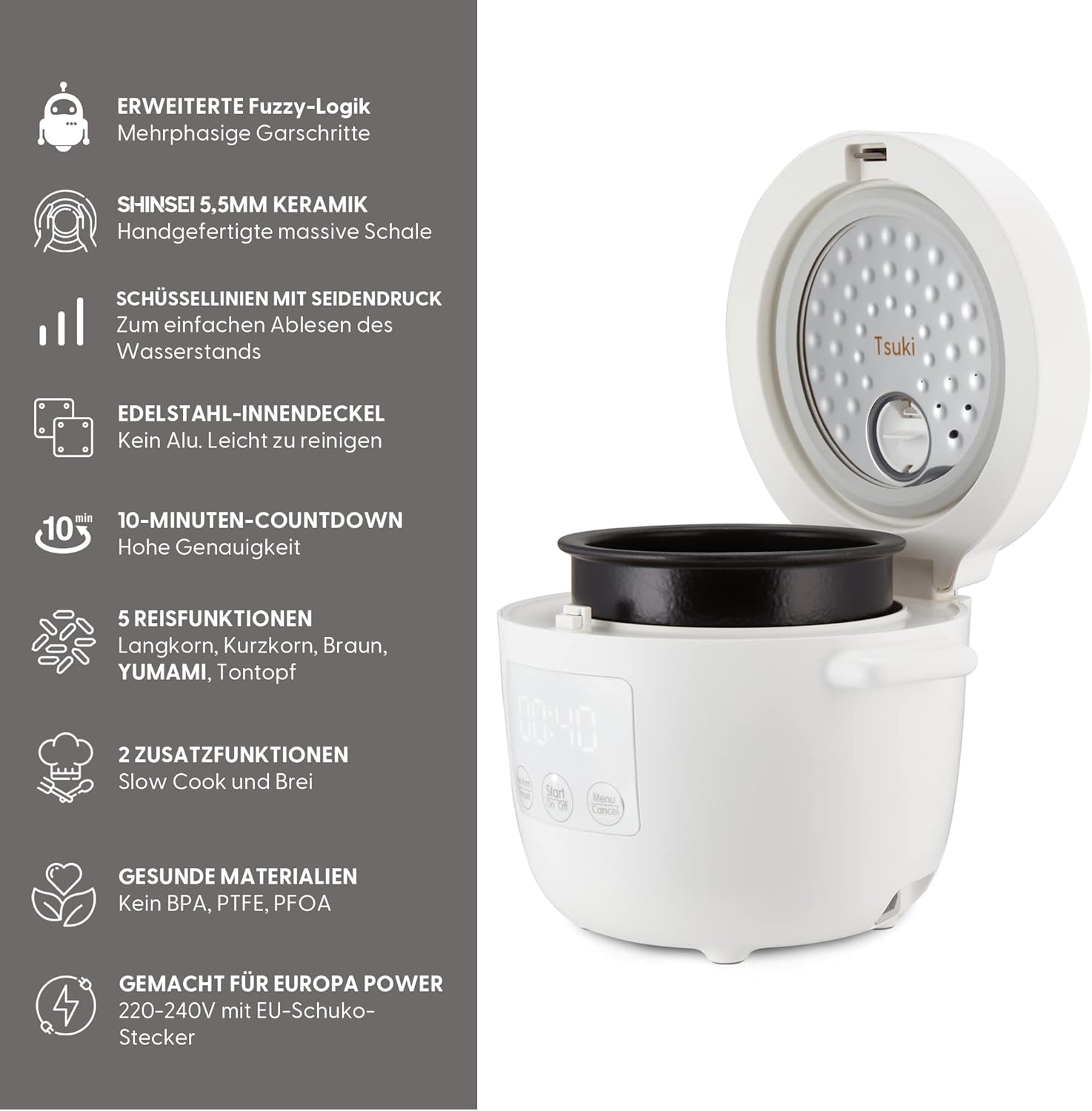 Yum Asia Tsuki Mini-Reiskocher mit Shinsei-Keramikschüssel (2,5 Tassen, 0,45 Liter), 5 Reiskochfunktionen, 2 Multicooker-Funktionen, verstecktes LED-Display, 220–240V (Pebble White)