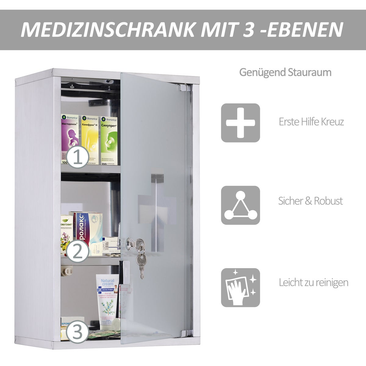 HOMCOM Medicijnkast, EHBO-kast met slot, roestvrij staal, 30 x 18 x 50 cm
