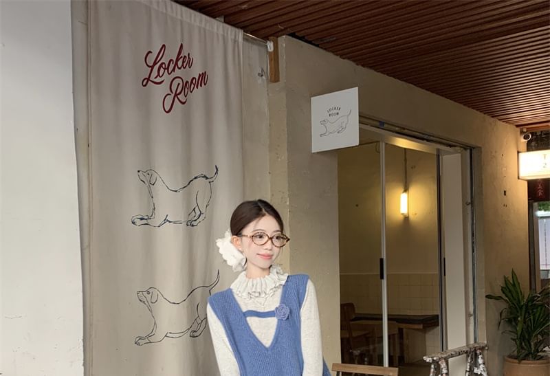 Trendycas - Top met lange mouwen en mockneck, gemêleerde ruches, gebreide top met V-hals en bloemenaccent, vest met elastische taille en bloemenprint in A-lijn
