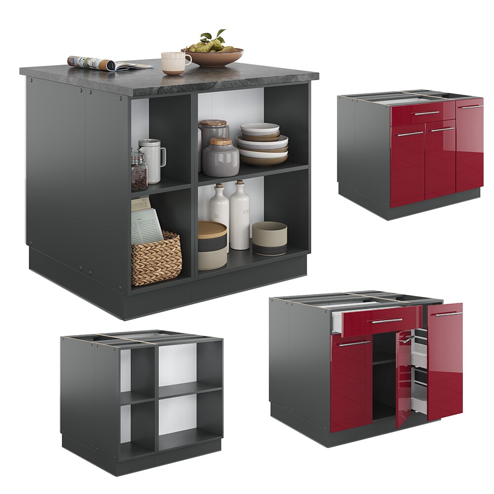 Vicco Kücheninsel Küchenblock Einbauküche Fame-Line Anthrazit Bordeaux Rot 90 cm modern Hochglanz Küchen Schränke Apothekerunterschrank Schubunterschrank Regalinselunterschrank Softclose-Scharnier Küchenmöbel