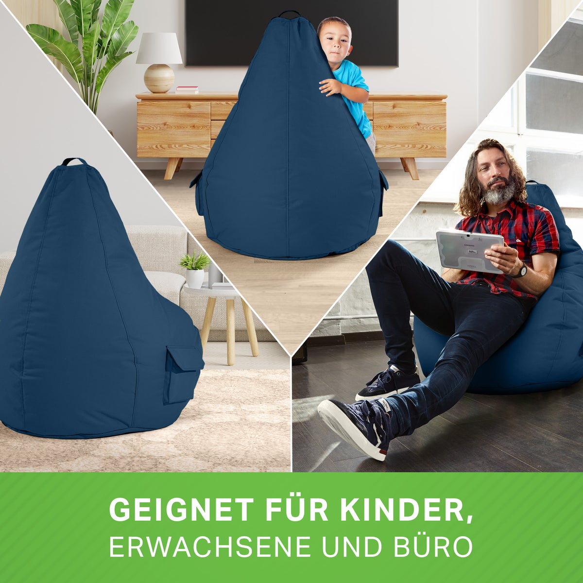 Green Bean Zitzak met rugleuning 80x70x90cm - Gaming stoel met 230L vulling, knuffelzacht, wasbaar - Zitzak vloerkussen, loungestoel, voetenbank, relaxstoel, gamerstoel, donkerblauw