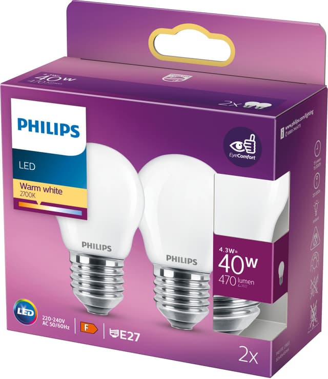 Philips Classic P45 LED-pære 4W E27 (2 pk) (varm hvid)