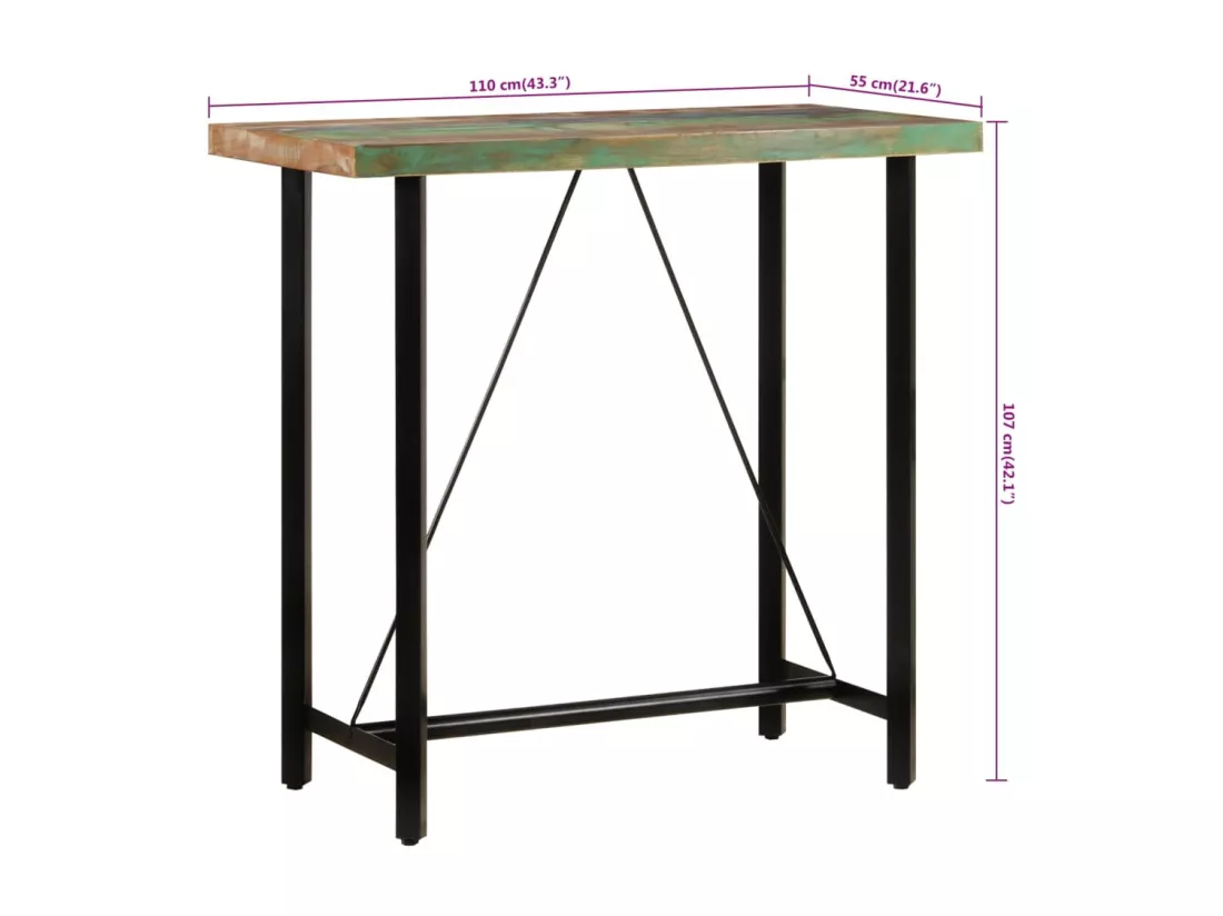Table de bar 110x55x107 cm bois massif de récupération et fer