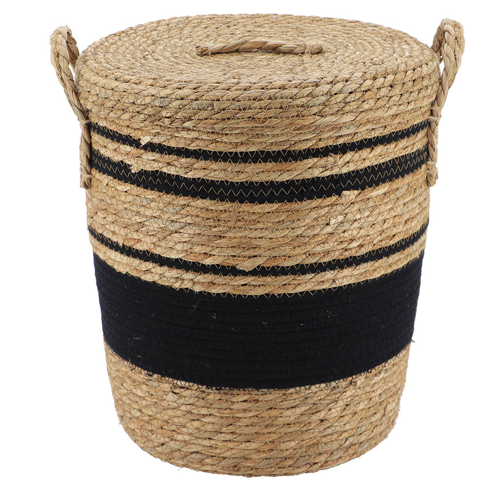 Panière linge couvercle noir osier naturel 38x32cm