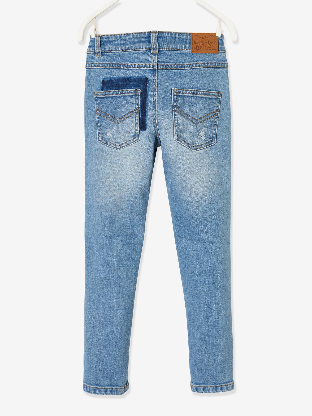 Calça jeans folgada com efeito desgastado, para meninos, lavagem azul escura.