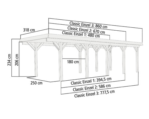 Enkele carport Karibu Bremm 1 variant A 318 x 480 cm, drukgeïmpregneerd