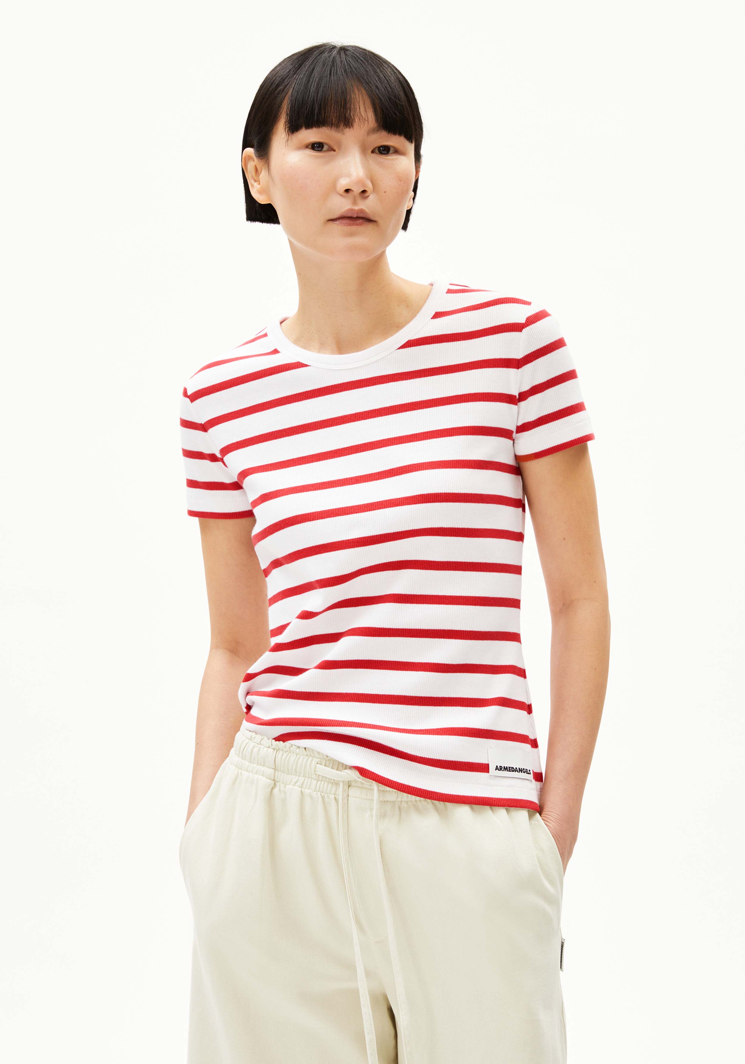 Armedangels Ripp-T-Shirt Kardaa Stripes White-Coral Blush