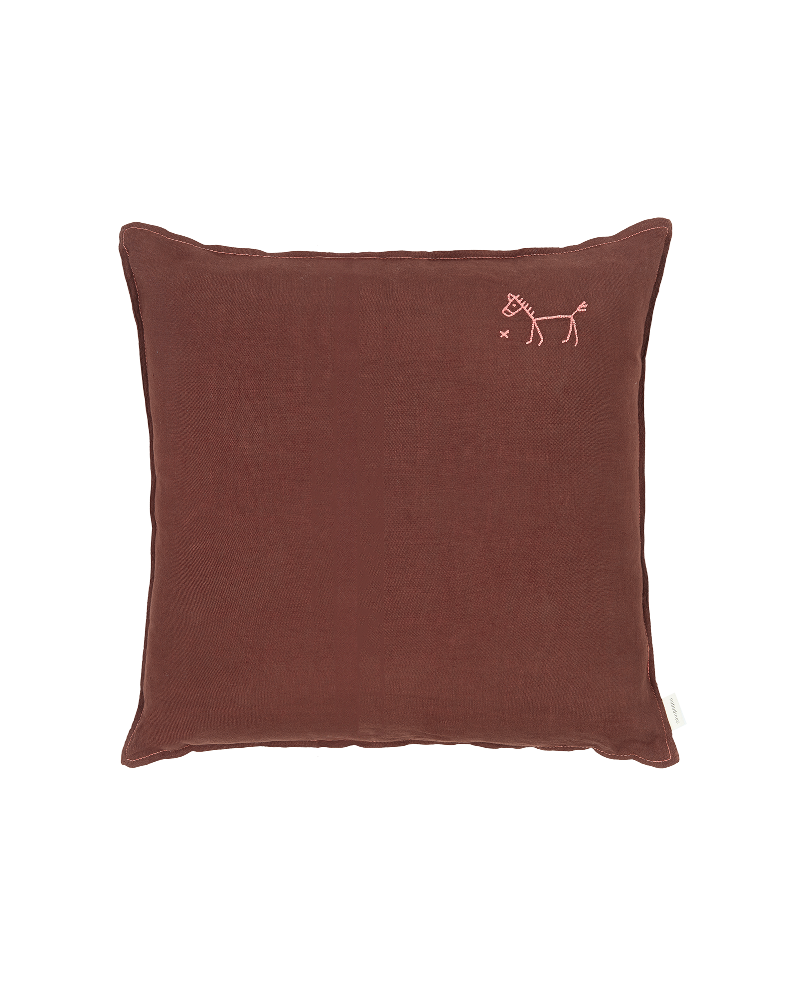 Coussin carré brodé l1n0 en lin français lavé | Marron