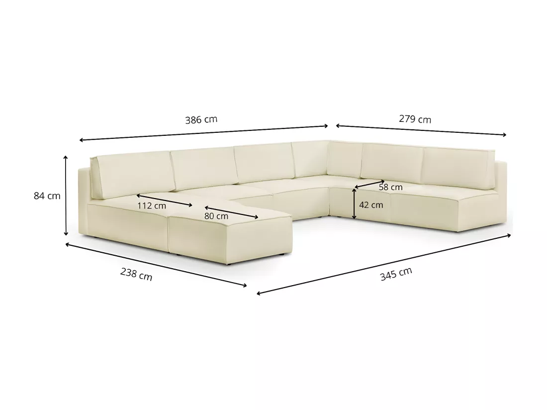 Canapé d'angle à droite panoramique modulable convertible 10 places avec pouf en tissu bouclé écru - Harper Mod