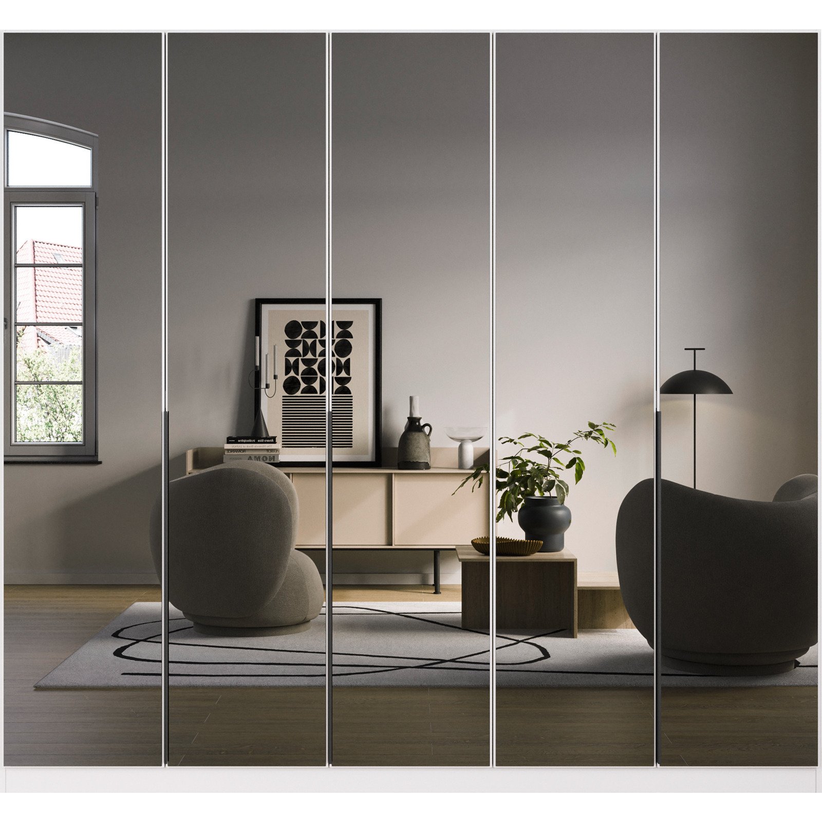 Drehtürenschrank Skyla, 226 x 210 x 54 cm, mit Spiegelfront weiss