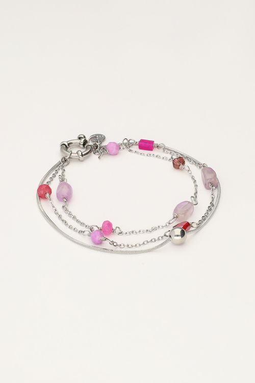 Driedubbele armband met roze en paarse kraaltjes