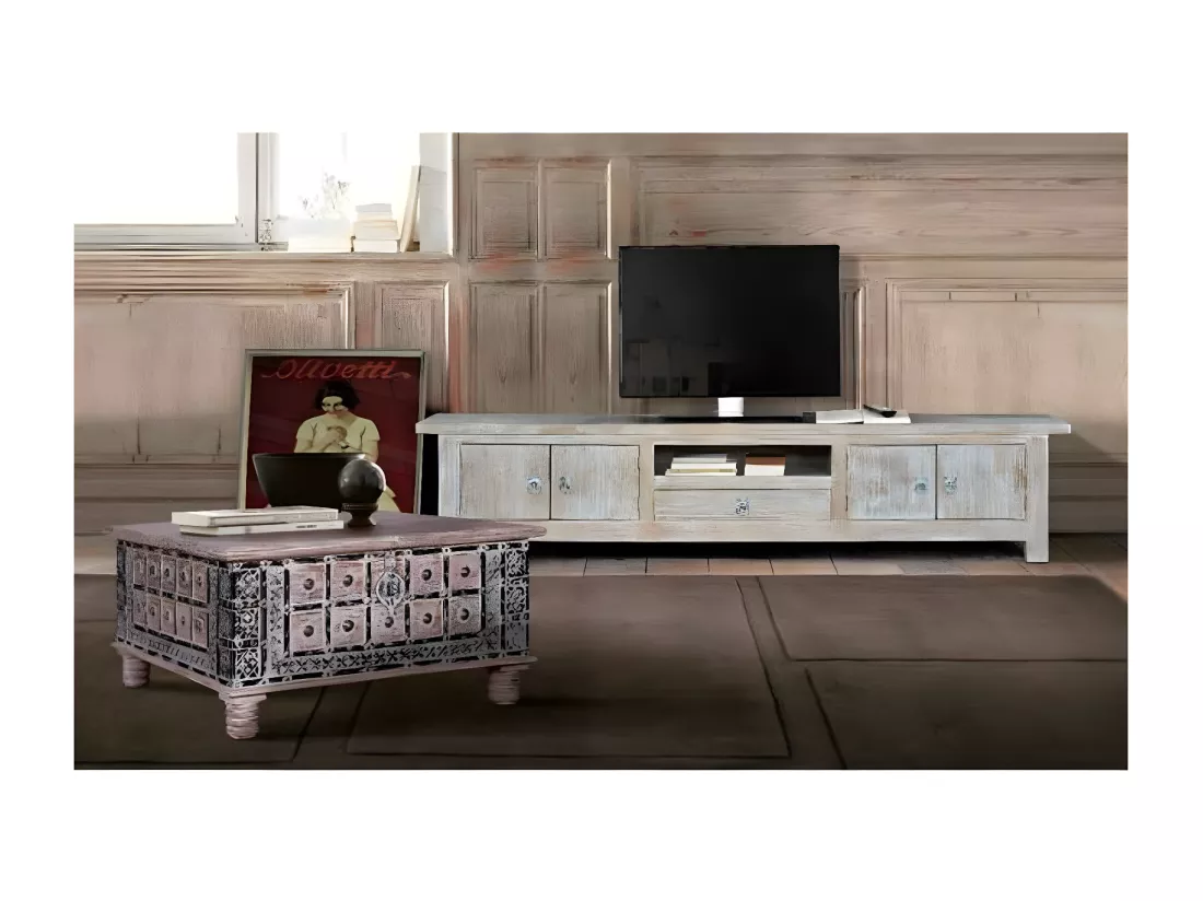 Meuble tv 1 tiroir Bois Blanc - Vitalie Décoration d'Autrefois