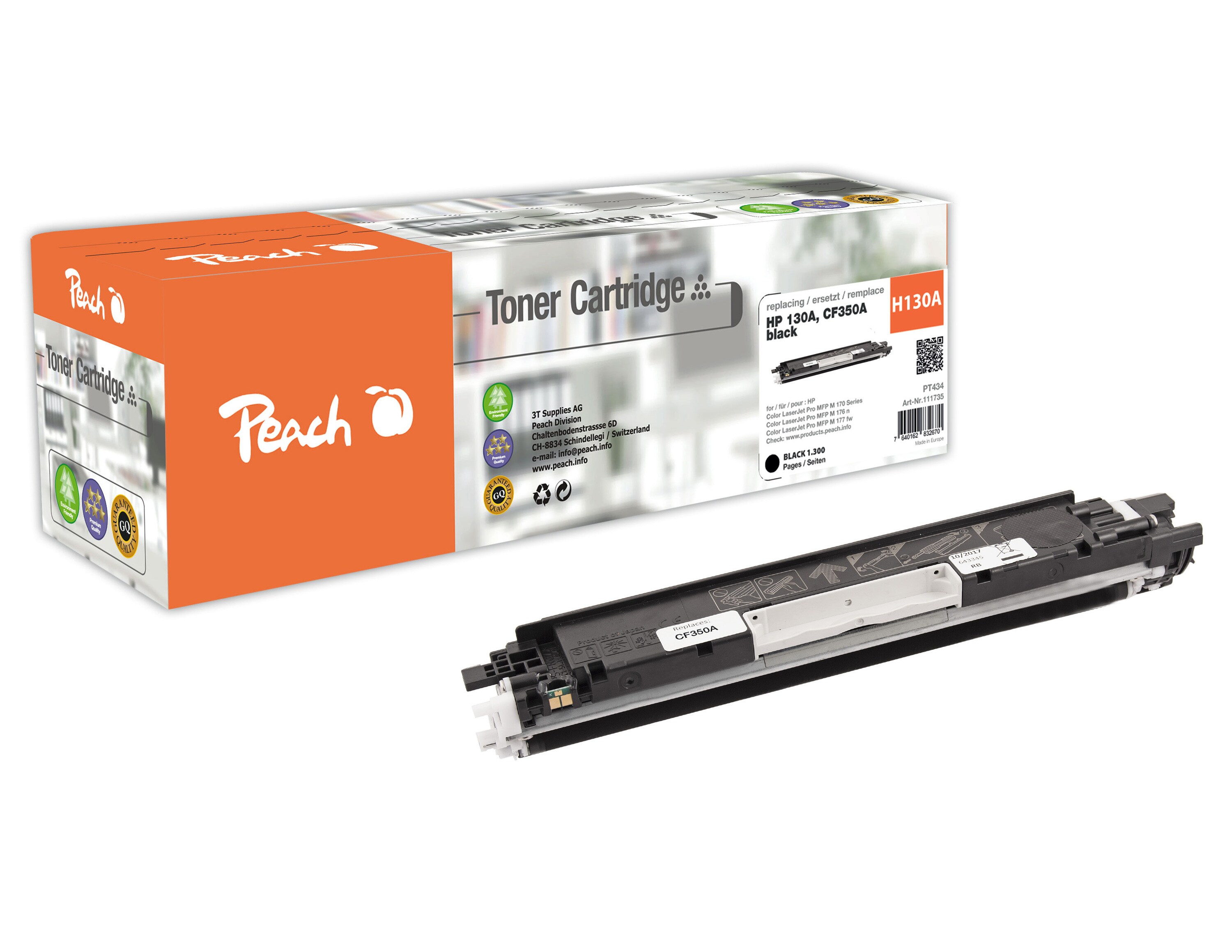 Peach HP 130 ABK Toner bk ersetzt HP No. 130A BK, CF350A für z.B. HP Color LaserJet Pro MFP M 176 n, HP Color LaserJet Pro MFP M 177 fw (wiederaufbereitet)