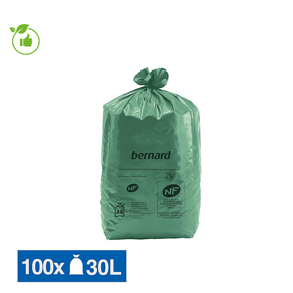 Sacs poubelle déchets lourds Bernard Green NF verts 30 L, lot de 100