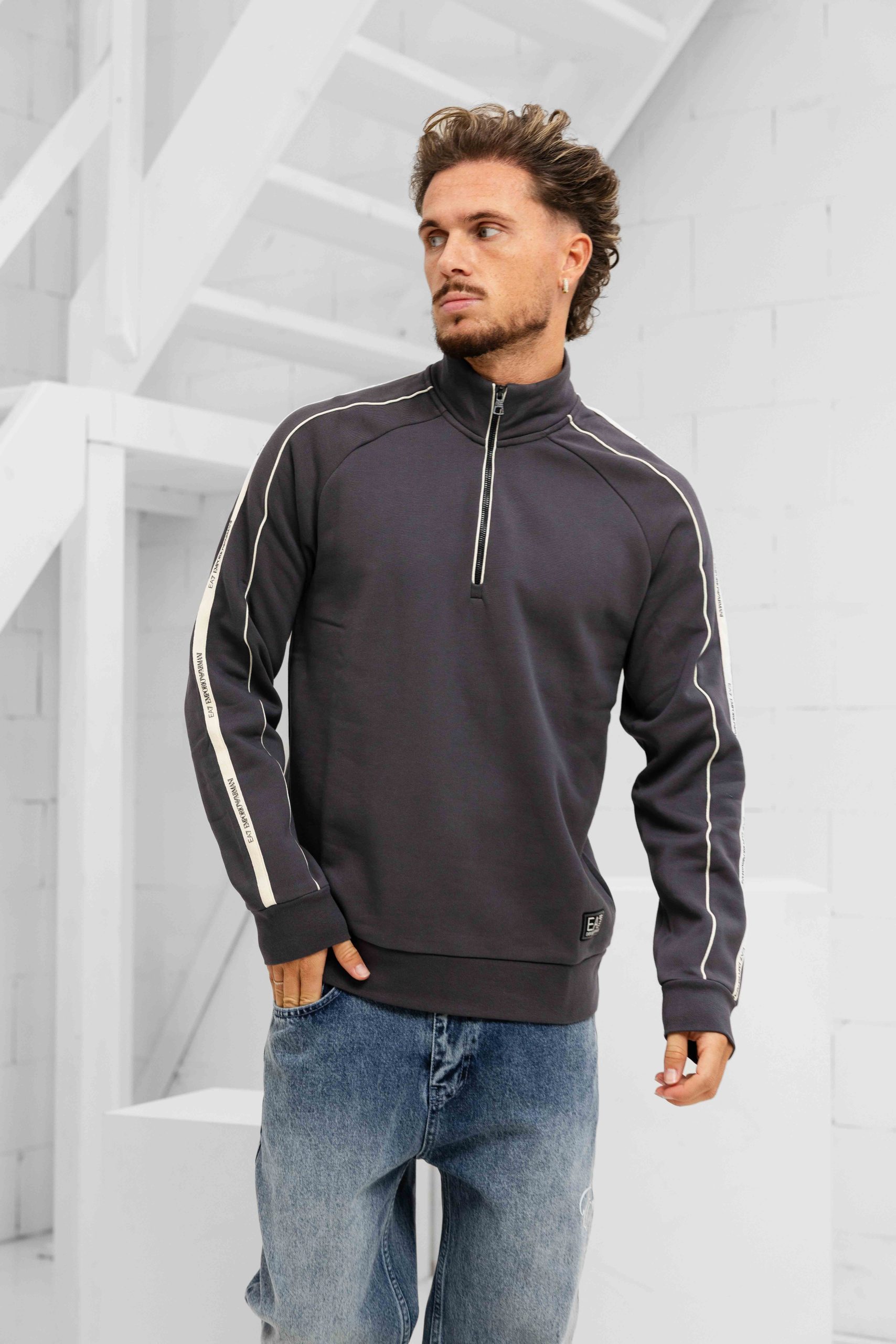 EA7 Emporio Armani 7M000971 Half Zip Sweater Heren Grijs