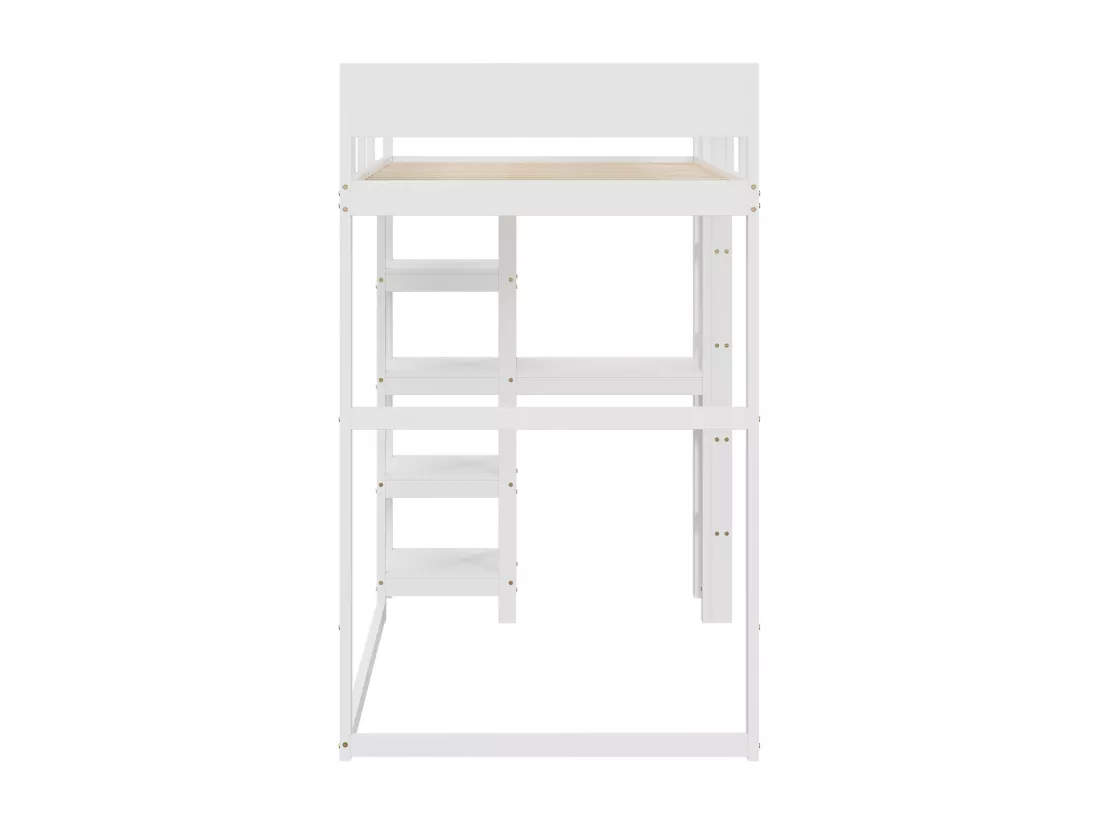 Lit mezzanine enfant 90 x 200 cm, avec étagère de rangement, cadre de lit en pin massif, sommier à lattes, lit pour enfants et adolescents, Blanc