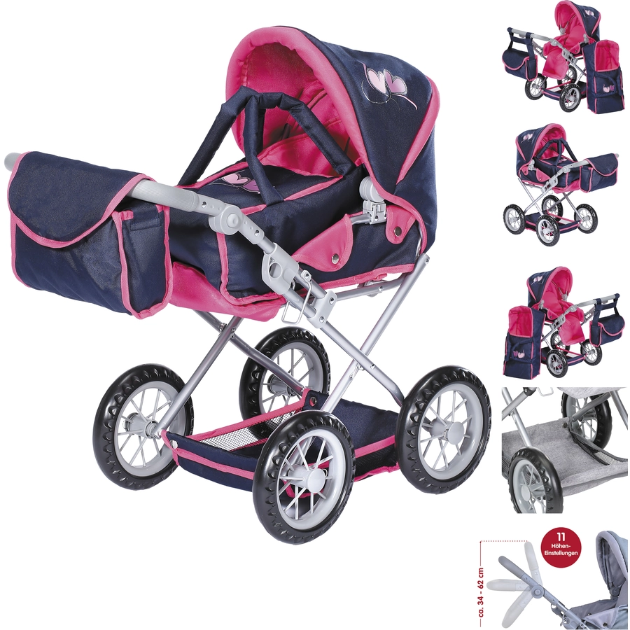 knorr toys® Puppenwagen Ruby - flying hearts blue pink blau