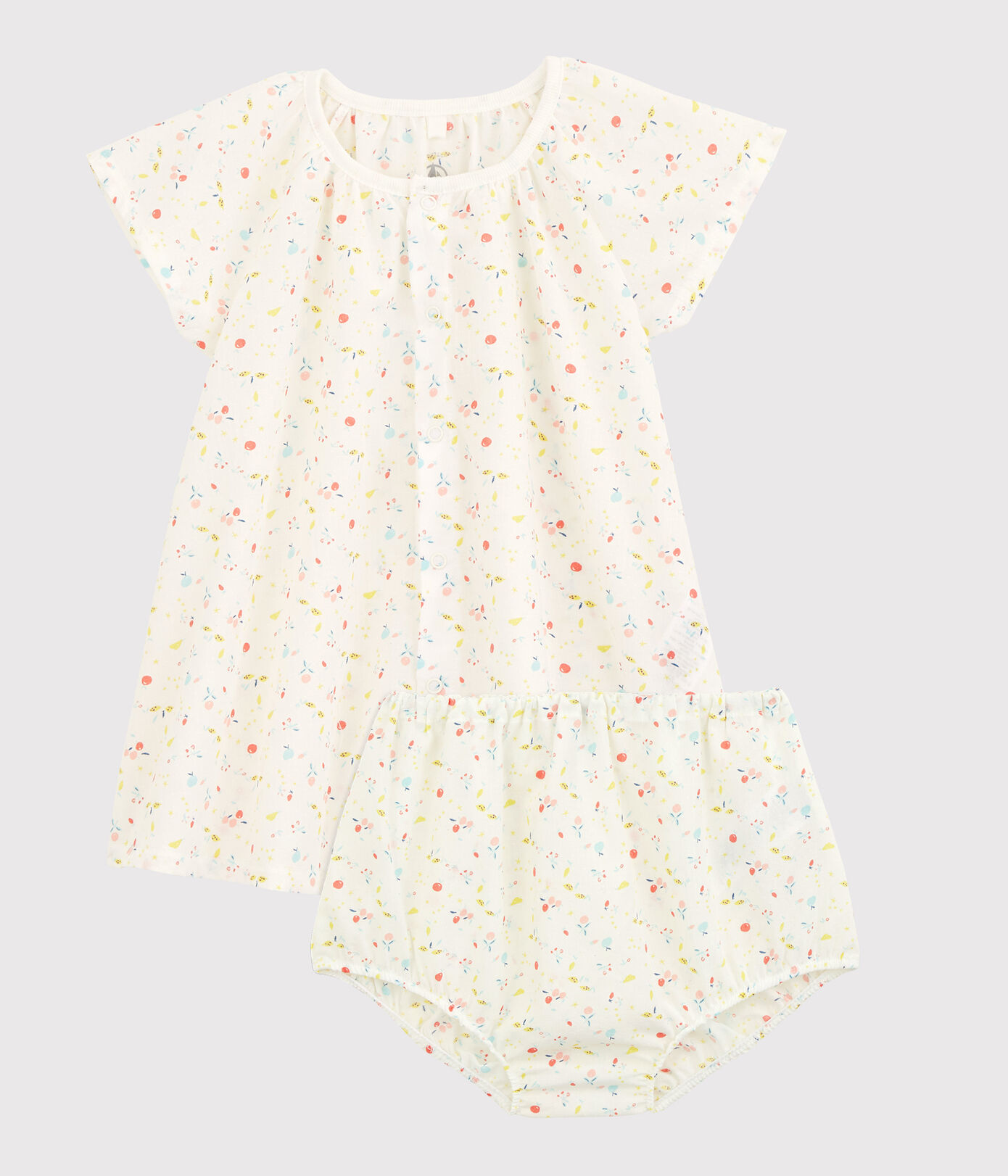 Robe manches courtes fruitée avec bloomer bébé fille en tubique chaine et trame en coton biologique