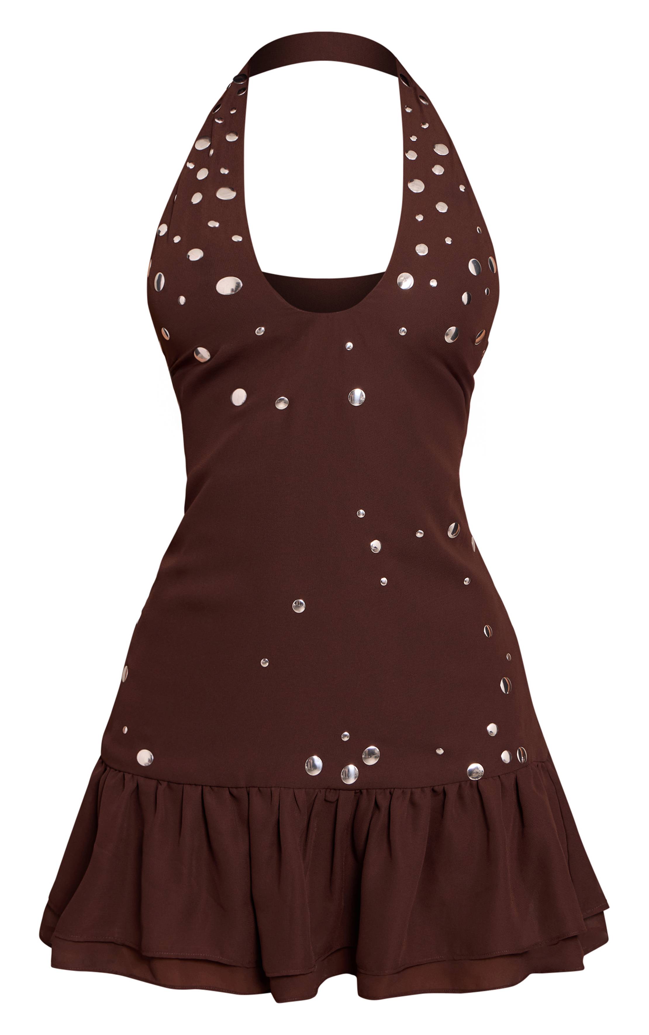 Marron Robe Petite À Col Licou Avec Détails De Volants Et Clous