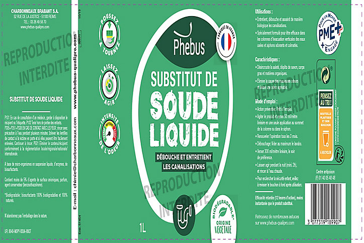 Substitut de soude liquide débouche et entretien les canalisations Phebus 1L