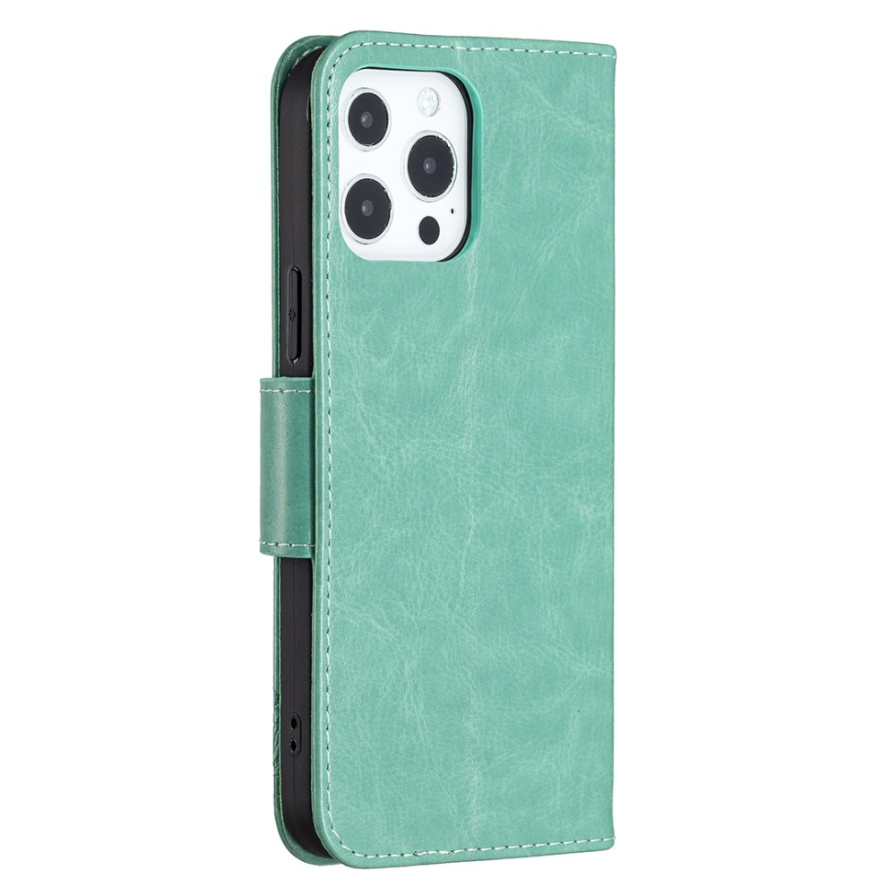 iPhone 13 Pro Leder Tasche mit Kartenfach   Handschlaufe Schmetterling - Türkis