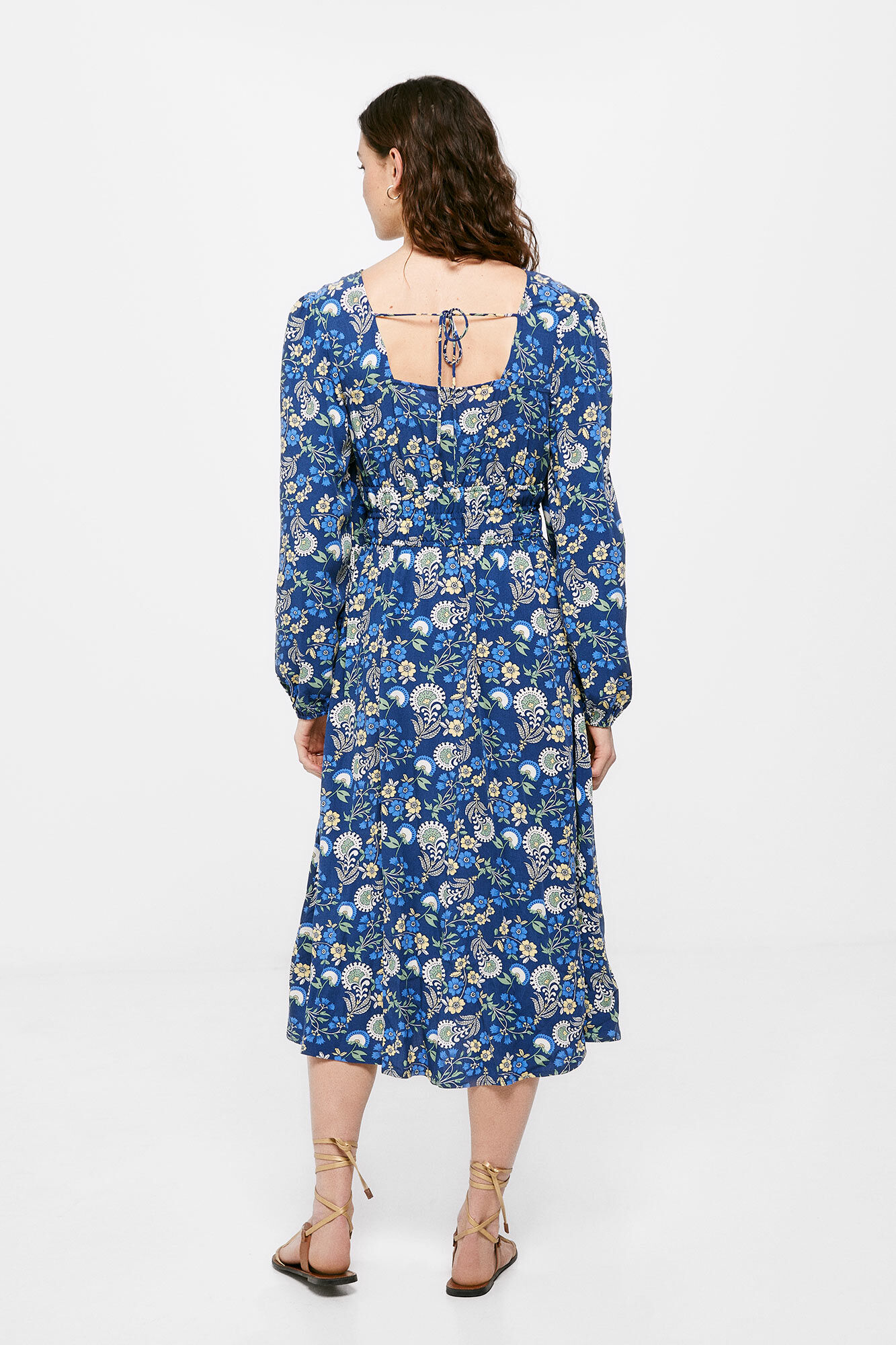 Vestido midi com cintura elástica - Azul-marinho