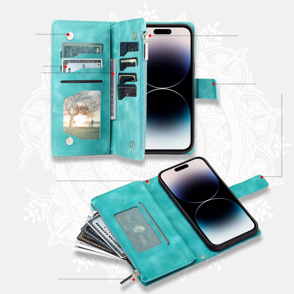 iPhone 16 Pro Max Leder Tasche Flip Cover mit Reissverschluss - Mandala Flowers Imprint - Türkis