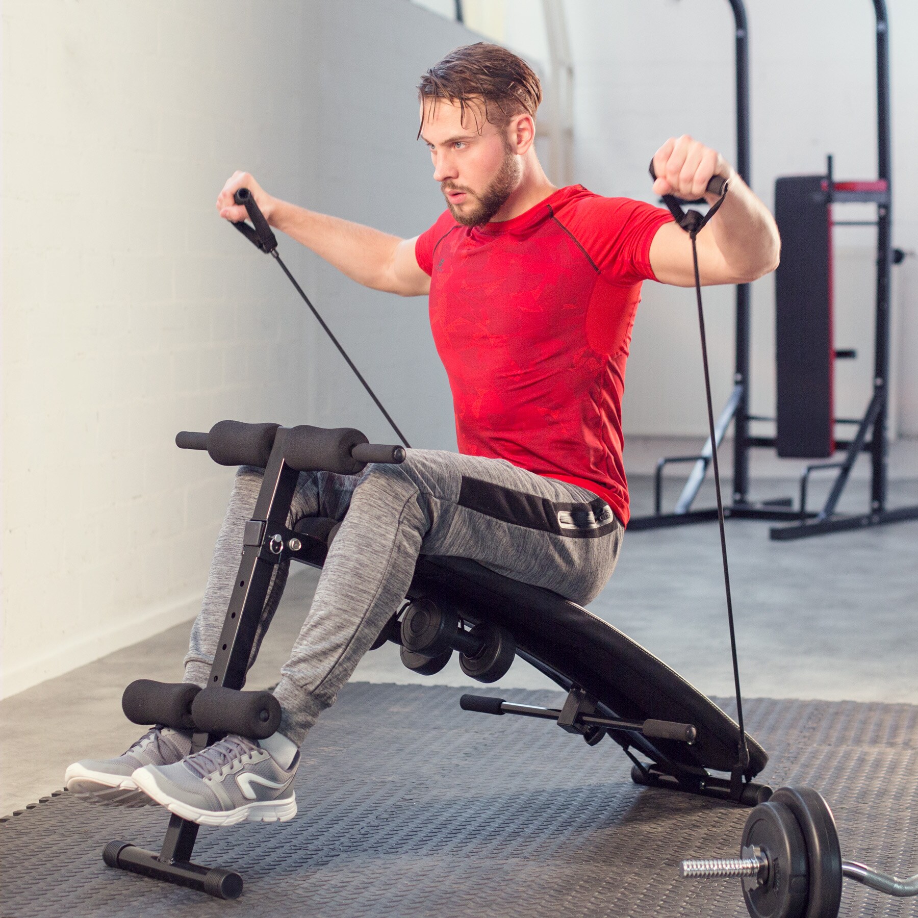 tectake® Sit-up Bank, 6-fach verstellbar, klappbar, rutschfeste Fußenden, inklusive 2 Hanteln und elastische Seile