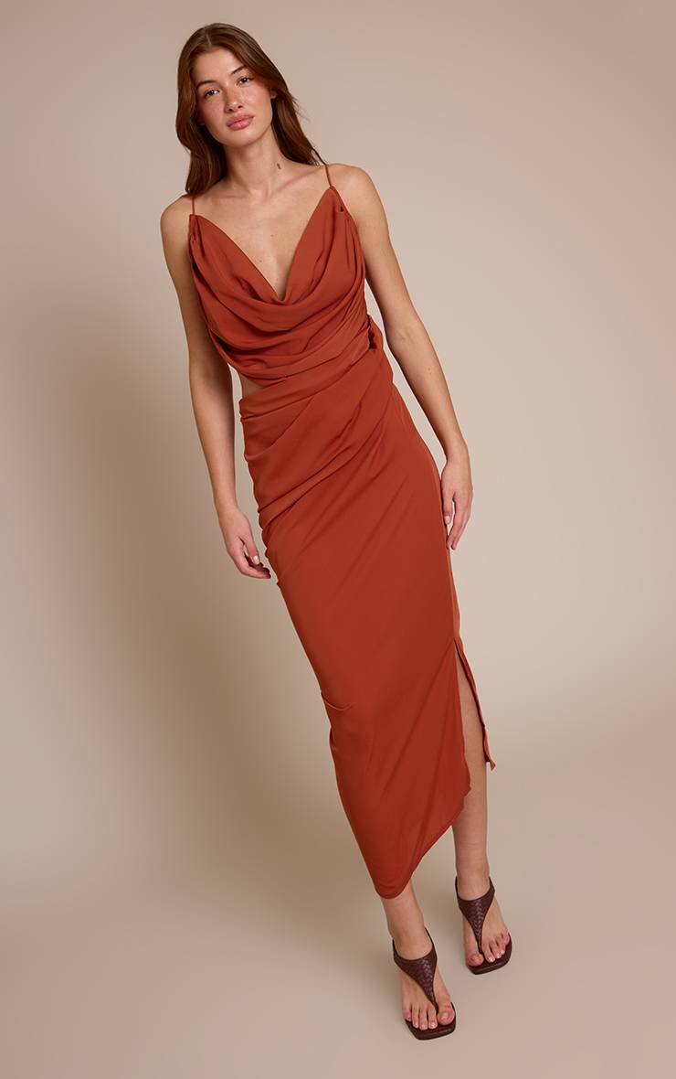 Orange Brûlé Robe Midi En Mousseline Drapée Avec Découpes