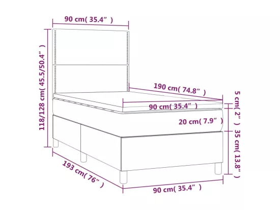 Sommier tapissier et matelas et LED Gris clair 90x190cm Velours