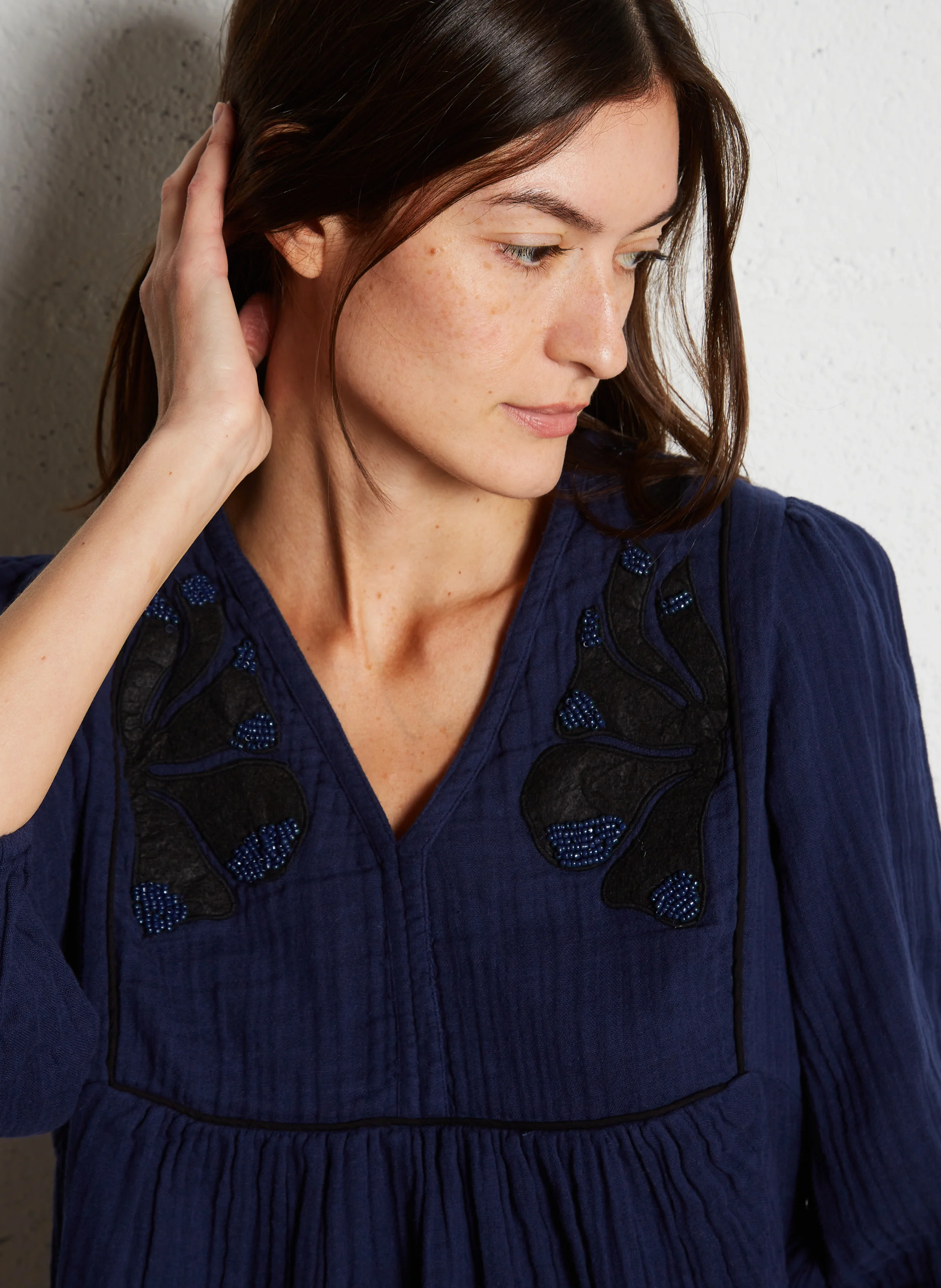 COMBO - Blouse ample col V en coton bio | Bleu