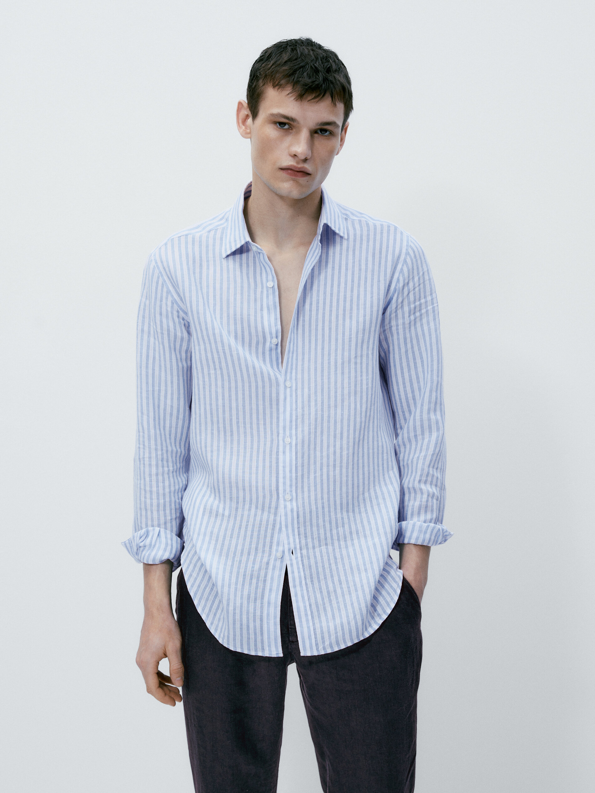 Rayas camisa mezcla linho algodón slim fit - LIGHT BLUE