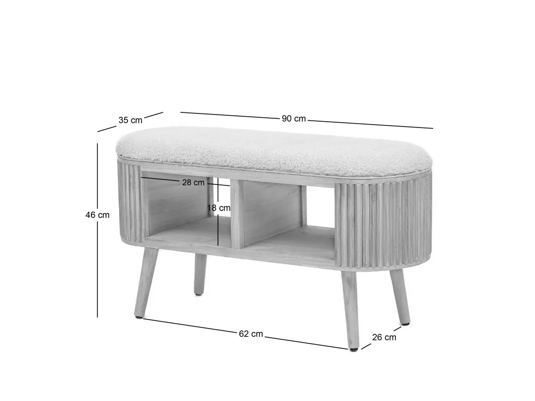 Banc avec rangement en pin et bouclettes blanc
