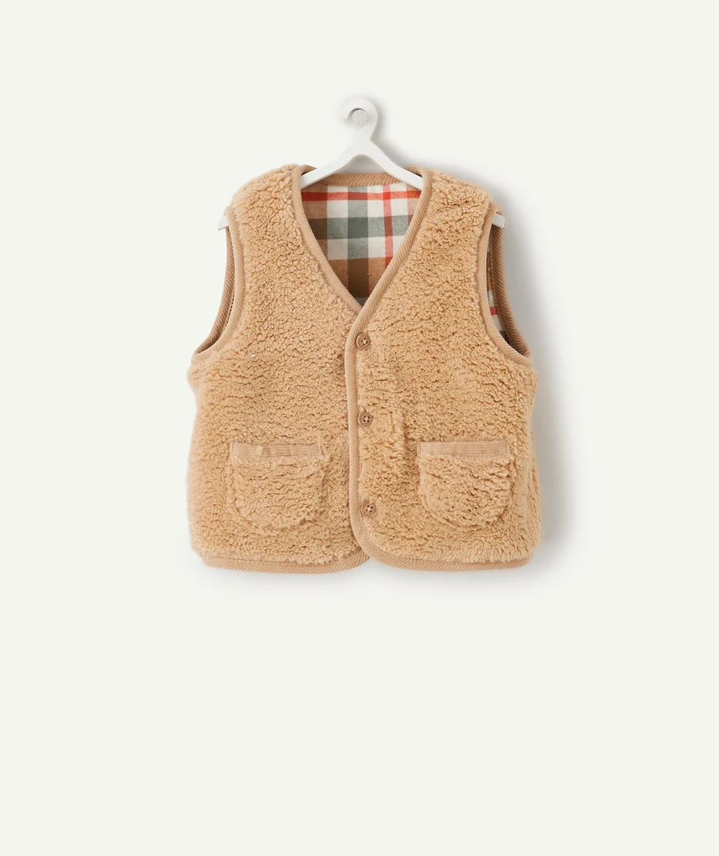 CARDIGAN SANS MANCHES BÉBÉ GARÇON À CARREAUX DOUBLÉ SHERPA