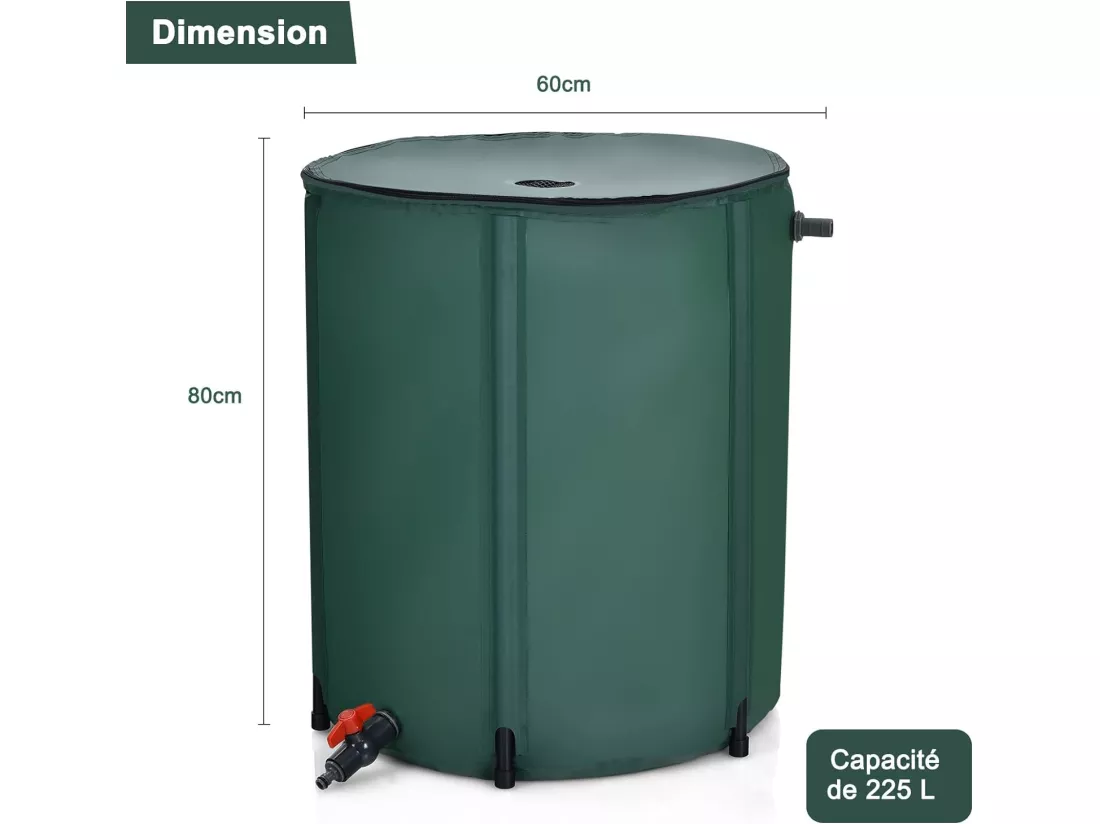 Récupérateur d’Eau de Pluie 225L -Pliable Réservoir à Eau Filtre Ø60 x 80 cm Vert