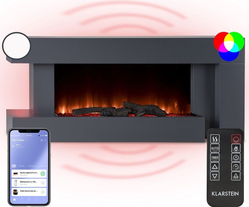 Klarstein - Studio Light & Fire 2 Smart - Elektrische Haard - Zwart - Verwarmingsfunctie 1000/2000W - Wifi-Bediening