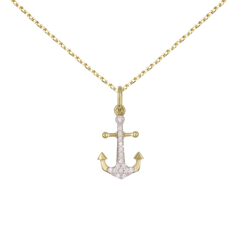 Collier - Pendentif Or Jaune Ancre Serti de Zirconiums - Chaine Dorée Offerte