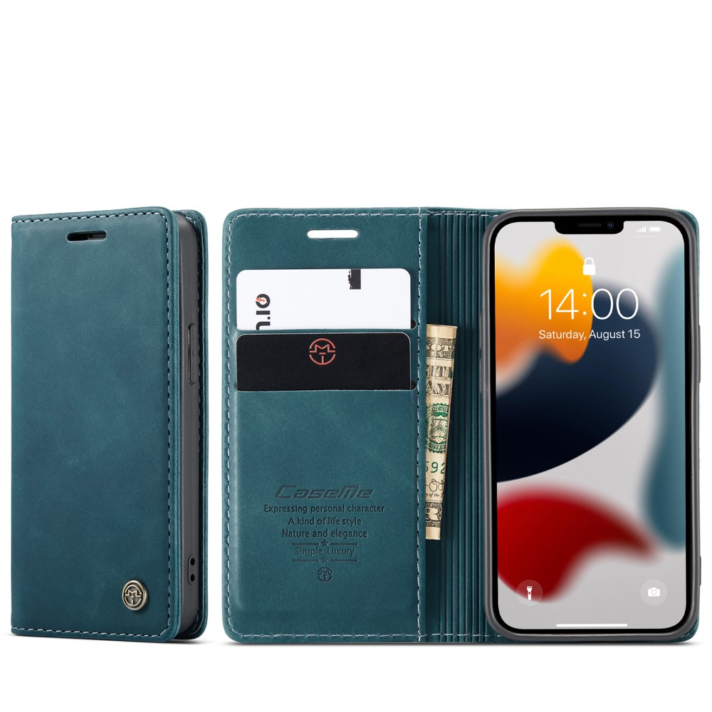 iPhone 13 Leder Tasche Flip Wallet Etui mit Kartenfächern - Blaugrün
