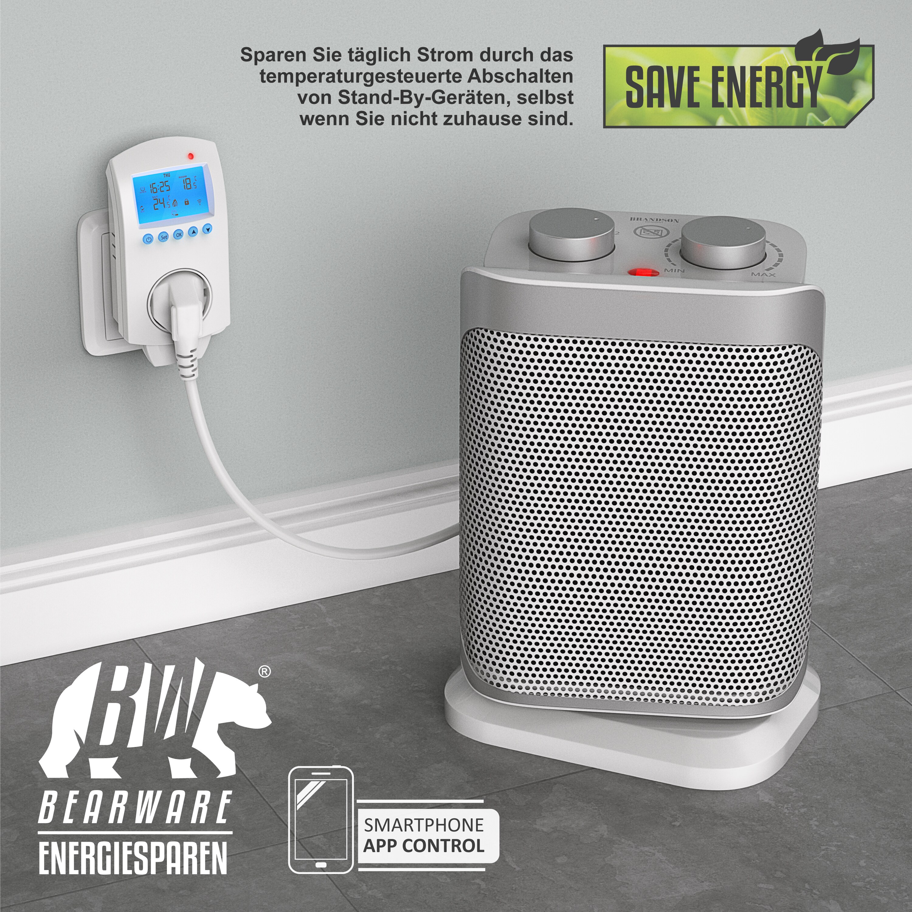 BEARWARE WLAN Thermostat Steckdose - Steckdosenthermostat - WiFi Smart Life, TUYA - für Heizgeräte - mit Share-Funktion - 5°-35°C