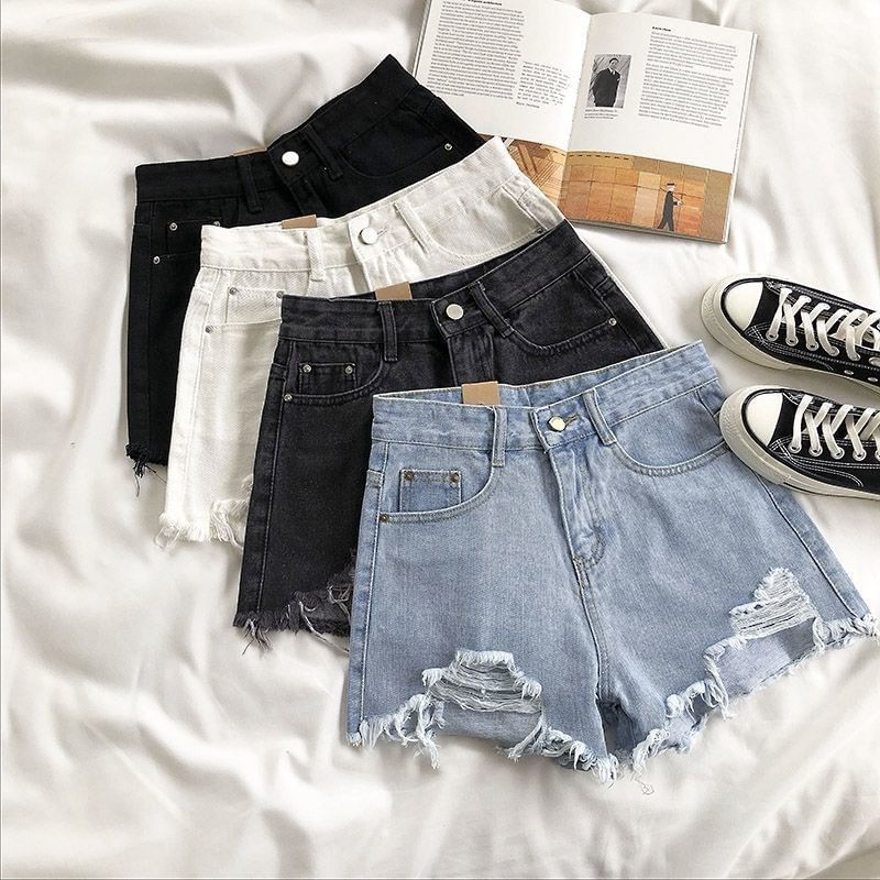 HYAKU - Hoge taille denim shorts met distressed effect