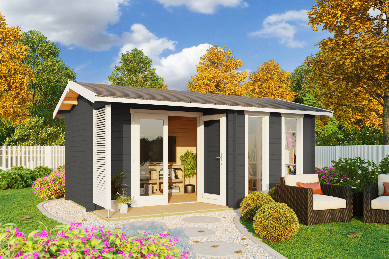 Gartenhaus RIVERSIDE - carbongrau - Fichte massiv - 480x300 cm