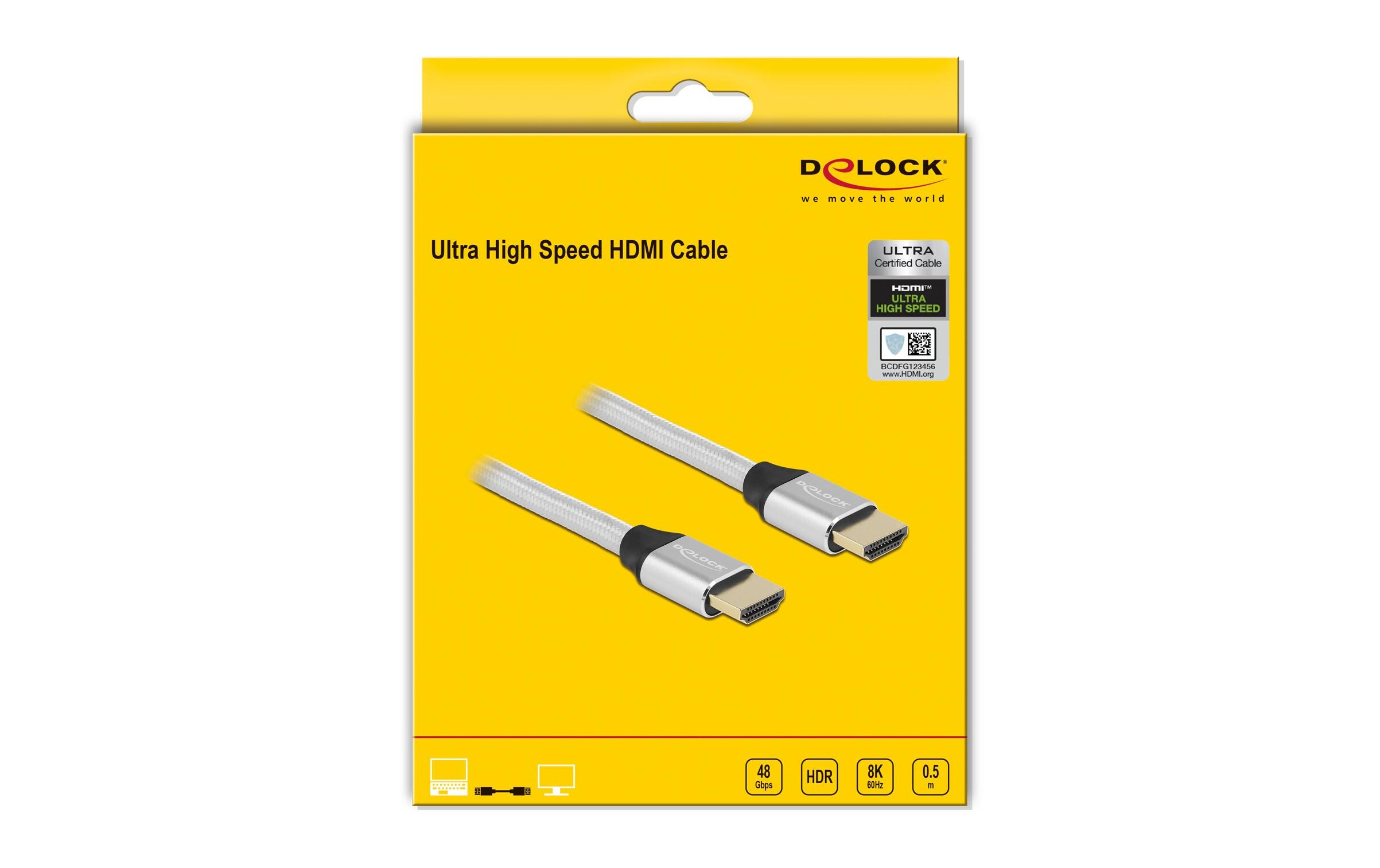 Kabel 8K 60Hz HDMI - HDMI, 0.5 m, SilberDelock Ultra High Speed HDMI Kabel 48 Gbps 8K 60 Hz silber 0.5 m zertifiziert