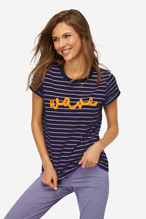 T-Shirt, Ringel, Statement Stickerei, Rundhals, Halbarm, OEKO-TEX