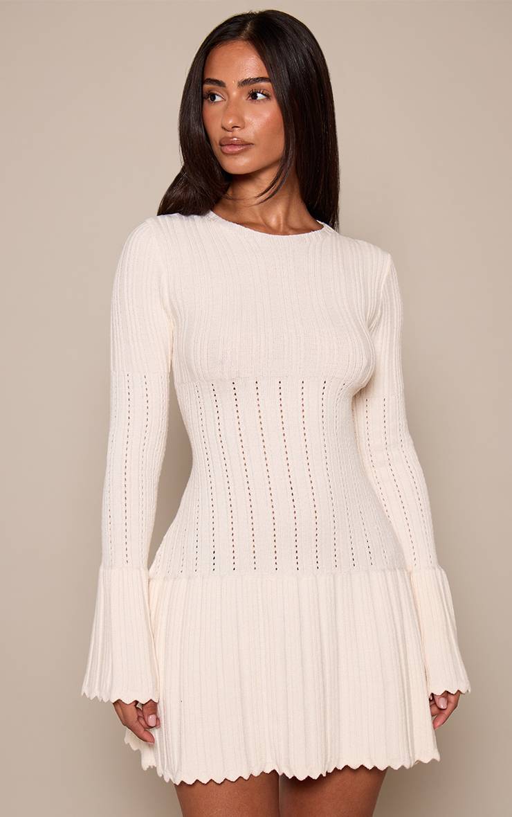 Crème Robe Mini En Maille À Manches Longues Festonnées Petite