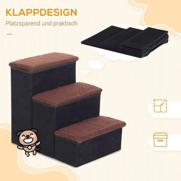 Pet Stairs Sammenleggbare Kattetrapper/Hundetrapper Med 3 Trinn Og Oppbevaringsplass, For Katter Og Hunder, Mdf, Svart, 40X54X48Cm