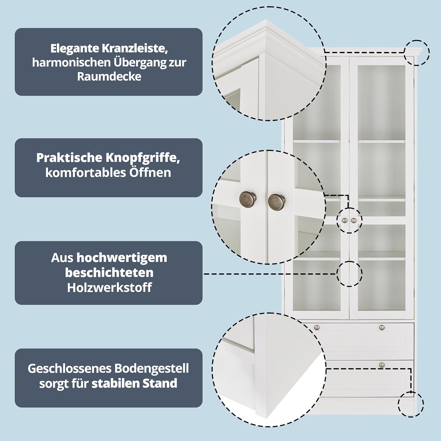 KHG Vitrine weiß 2 Drehtüren mit Glaseinsatz 2 Schubkästen 3 höhenverstellbare Einlegeböden Holzwerkstoff beschichtet Landhaus Stil