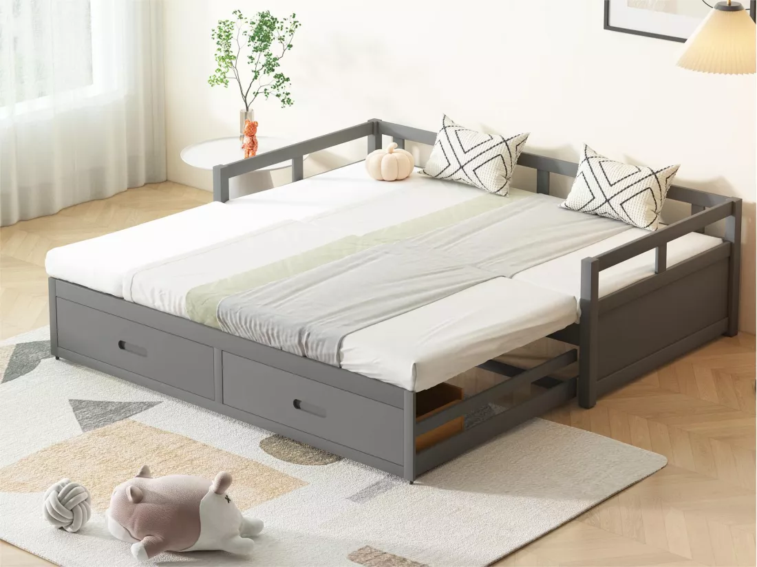 Lit gigogne pour enfant 90 x 200 cm avec 2 tiroirs - lit bébé - cadre en pin - coloris gris